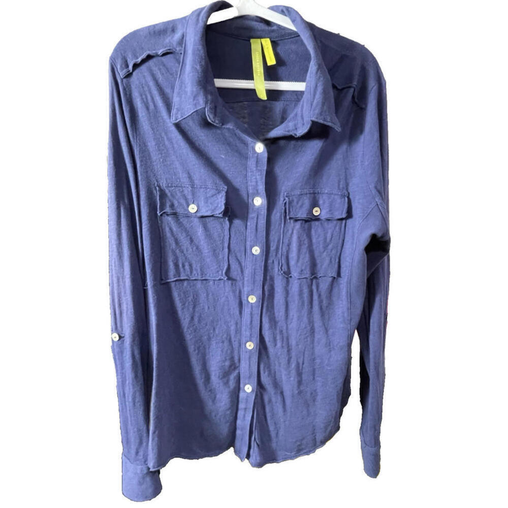 Green Dragon Womens 100% Cotton Blue Long Sleeve Button Up Made in USA Sz L